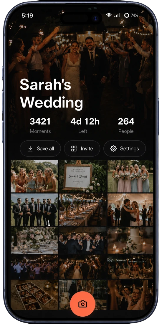 Flock app showing a wedding album with guest photos gathered into one live shared gallery