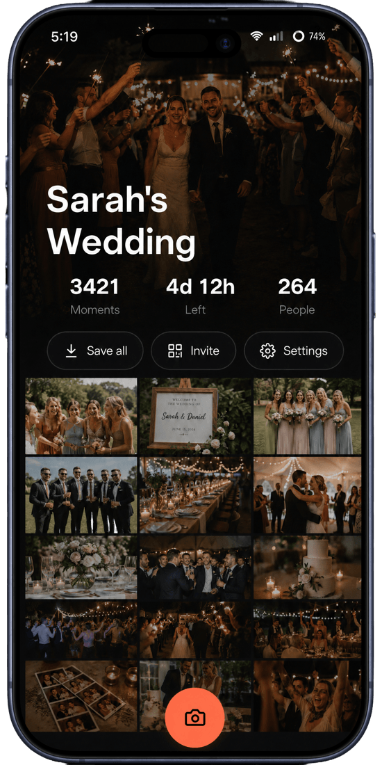 Flock app showing a wedding album with guest photos gathered into one live shared gallery